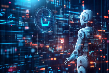 a smart humanoid robot with artificial intelligence interacting with a hologram digital interface screen
