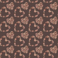 Wreaths and hearts of pink roses on a seamless pattern. Floral background in mocha mousse color. Botanical watercolor vintage template for wedding, Valentine's Day, textile, wrapping, wallpaper, gift