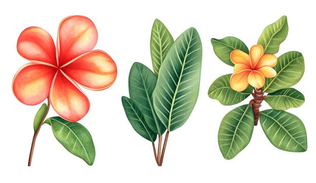 Three vector illustrations of flowers and leaves on a white background: a pink sandalwood flower, green leaves, and a brown branch with green leaves, all in a watercolor style, hand-drawn, high 