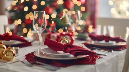 Elegant christmas dinner table setting with red accents and festive decor.