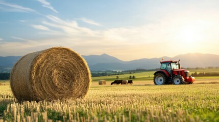 Obraz premium Golden hay bale in a field, serene rural landscape under the clear sky golden