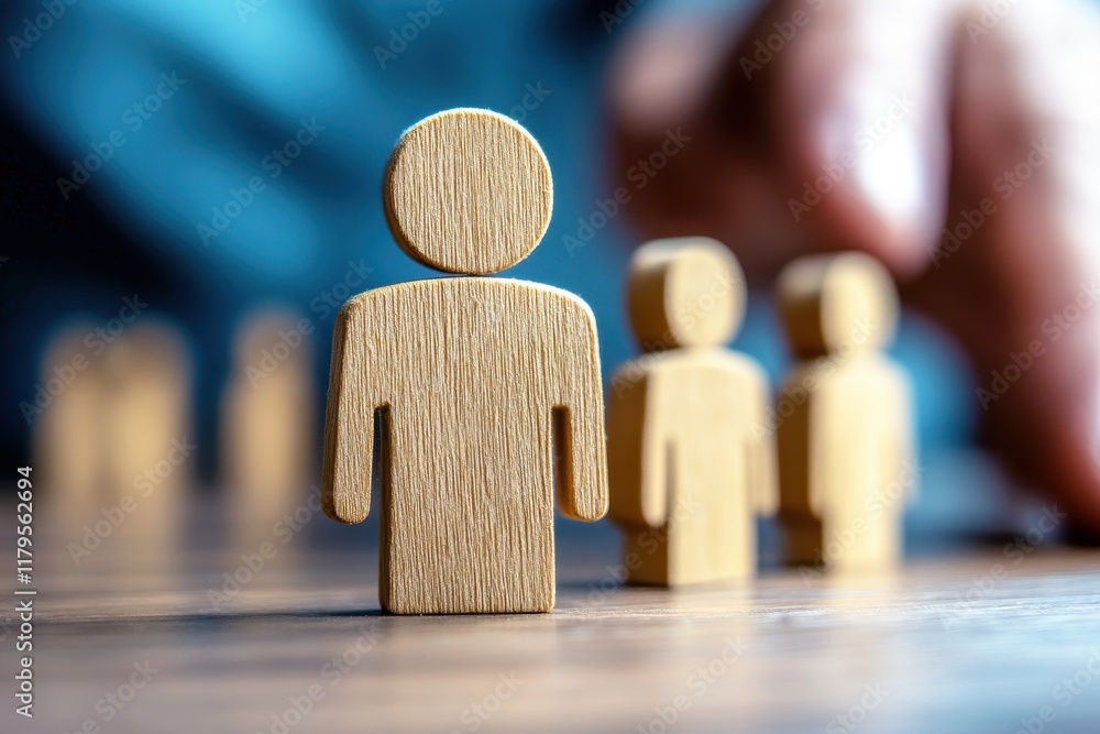 Poster wooden figurines representing people standing on a table with a blurred hand reaching for one of the