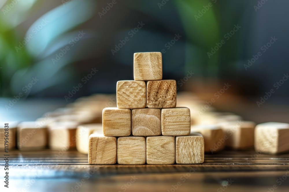 Poster wooden blocks arranged in a pyramid shape on a wooden surface with soft focus background highlightin