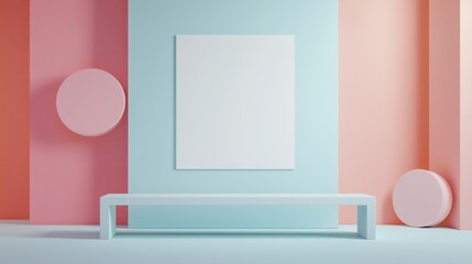 Pastel Minimalist Room Interior Design Mockup with Bench and Blank Poster
