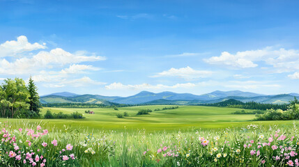 serene landscape featuring rolling green hills, vibrant wildflowers, and clear blue sky. peaceful scene evokes sense of tranquility and natural beauty