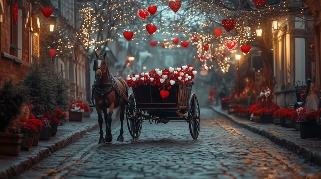 Romantic Horse-Drawn Carriage with Flowers and Hearts at Night, valentine day