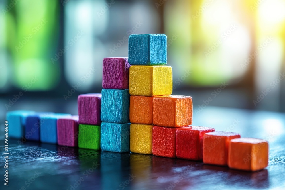 Poster colorful wooden blocks stacked in a creative design on a dark table with a soft focus background lig