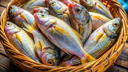 Fresh Anabas Testudineus Fish Harvest in Basket, Ready to Cook - High-Resolution Stock Photo