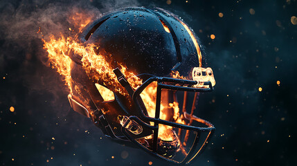 A flaming football helmet surrounded by smoke, symbolizing intensity and competition in sports.
