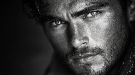 Obraz premium Urban Gothic rugged hot man with sleepy eyes and a dreamy gaze, showcasing a mysterious and intense expression, blending modern city vibes with a sense of cool detachment and allure.