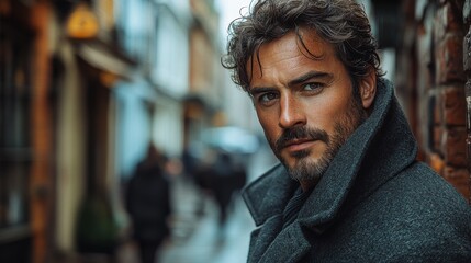 Fototapeta premium Urban Gothic rugged hot man with sleepy eyes and a dreamy gaze, showcasing a mysterious and intense expression, blending modern city vibes with a sense of cool detachment and allure.