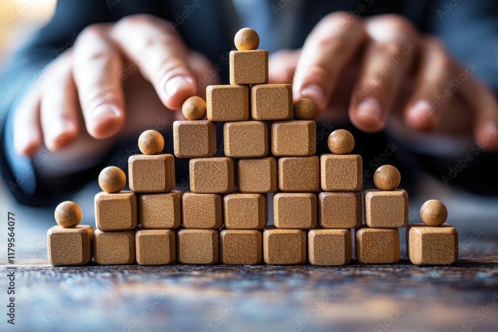 Aufkleber wooden building blocks structured in a pyramid shape with hands of a businessman in a suit, concept 