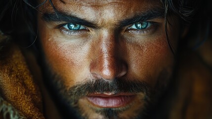 Fototapeta premium Urban Gothic rugged hot man with sleepy eyes and a dreamy gaze, showcasing a mysterious and intense expression, blending modern city vibes with a sense of cool detachment and allure.