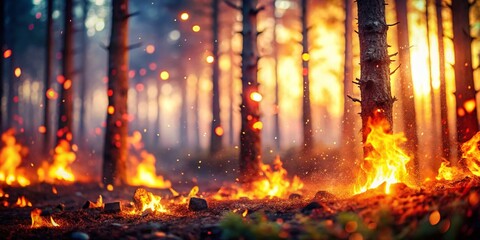 Fiery Forest Inferno: Dramatic Bokeh Effect Stock Photo of Wildfire