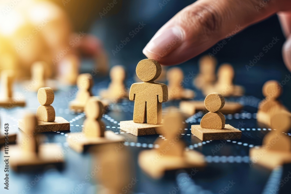 Poster human resource management concept with wooden people figures connected by lines on dark background, 