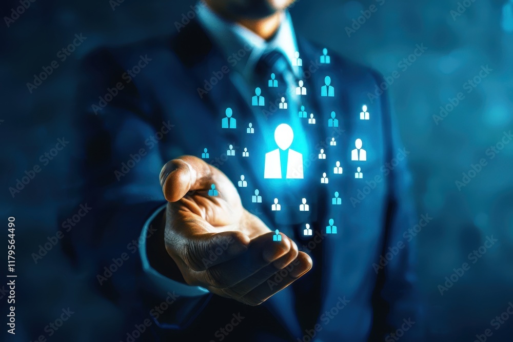 Poster businessman offering digital network connections with iconic user figures representing team collabor
