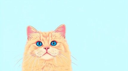 Charmingly Illustrated Fluffy Cat Gazing Serenely Against Pastel Blue. AI Generated
