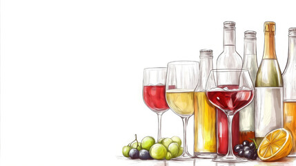 Bottles and glasses with alcoholic beverages on white background, color sketch illustration. Generated AI
