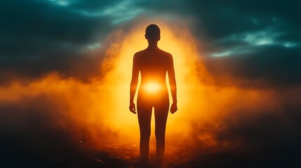 Obraz premium Silhouette of a Standing Figure Illuminated by Fiery Orange Light in a Cloudy Sky