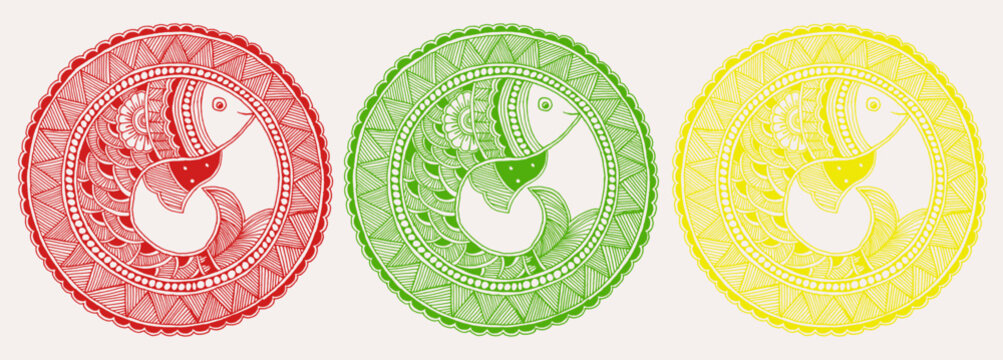 Set of Madhubani painting with Fish background pattern. Abstract template for poster, invitation, wedding, shadi card, cover, brochure, flyer, banner. 