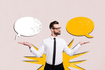 Creative design composite artwork collage of young guy businessman hand hold choice cloud dialog contact conversation mind human resource