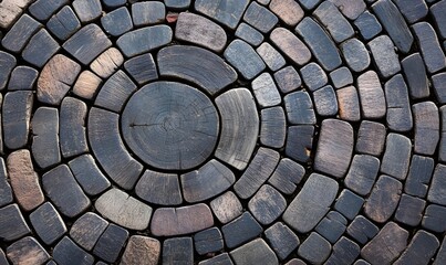 Circular wooden mosaic pavement texture.