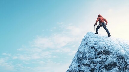 Fototapeta premium Mountain climber reaching icy summit, frost and determination, 3D illustration