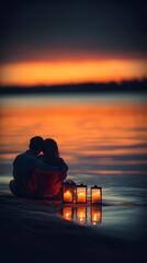 Romantic couples on a dreamy beach at sunset, surrounded by glowing lanterns and reflections, perfect for Valentine's Day and celebrating love in a magical setting