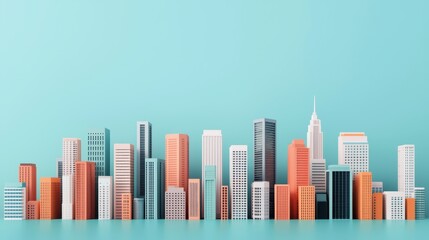 Naklejka premium A colorful skyline featuring various modern buildings against a soft blue background, showcasing urban architecture in a stylized manner.