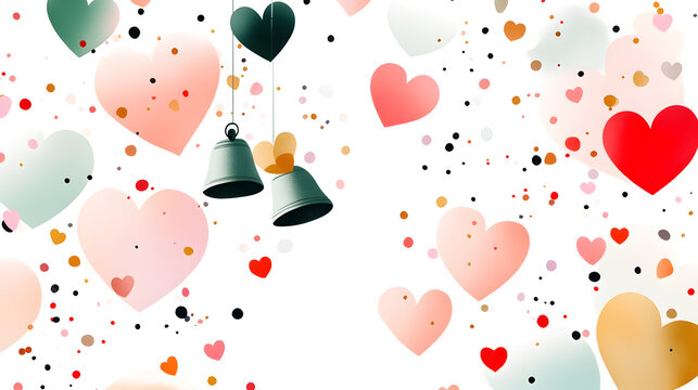 Whimsical wedding bells surrounded by colorful hearts and confetti create joyful atmosphere