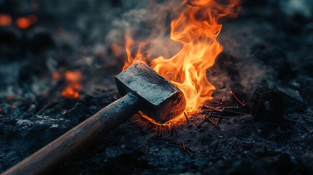 A glowing hammer resting on a bed of embers, symbolizing craftsmanship and forging.
