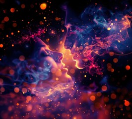 Fototapeta premium Romantic young couple kissing surrounded by shines and lights