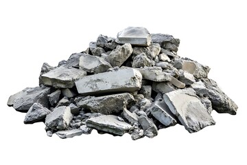 Pile of Gray Concrete Debris Isolated on White