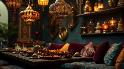 "Middle Eastern Decor with Moroccan Interior Design for Ramadan Feast Gathering, Creating a Warm and Festive Atmosphere"
