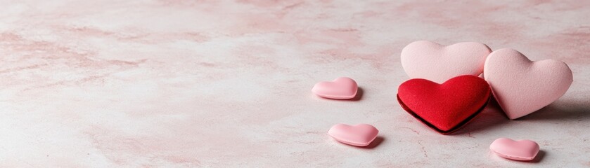 Fototapeta premium A serene arrangement of pink and red heart shapes on a soft, neutral background, symbolizing love and affection.