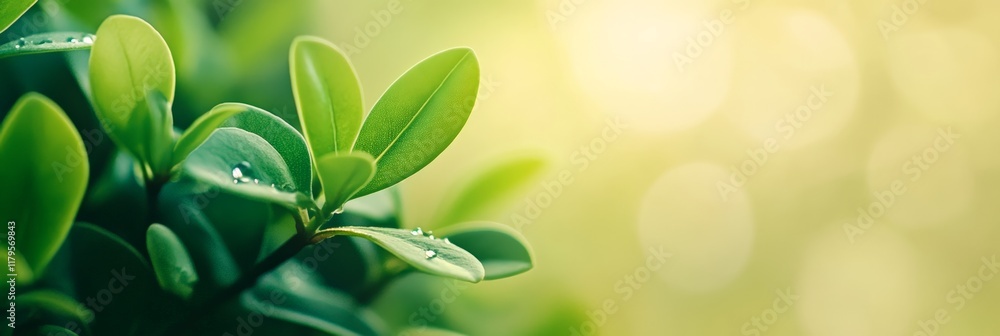 Poster close up view of vibrant green leaves with glistening water droplets, illuminated by warm sunlight, 