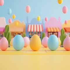 Easter eggs community concept. Colorful decorative eggs in a playful, pastel-themed setting with shops and floating elements.