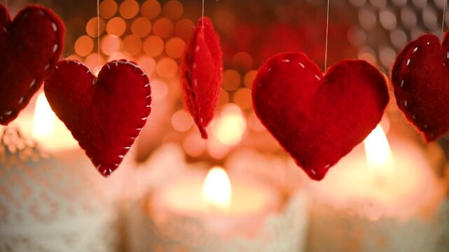 Red felt hearts on the background of burning candles and bokeh. Happy Valentine's Day greeting card, stock video.