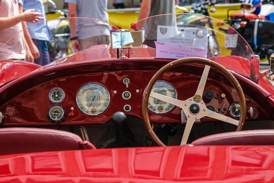 Ferrara Italy - 06 08 2024 : Free rally of vintage cars in the town square Alfa Romeo 8c interior