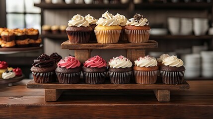 Assorted Cupcakes on a Wooden Stand