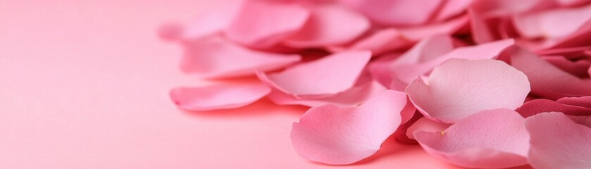 A close-up view of soft pink rose petals scattered on a pastel background, evoking a sense of romance and delicacy.