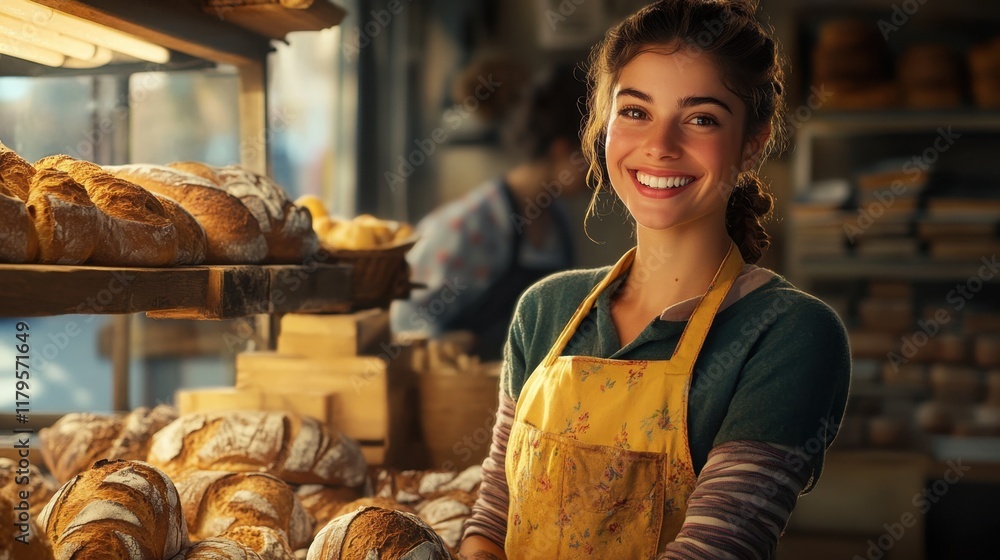 Poster a smiling baker in a colorful apron stands in a rustic bakery, surrounded by an array of fresh bread