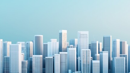 Obraz premium A skyline featuring modern skyscrapers under a clear blue sky, showcasing urban architecture and a bustling city atmosphere.