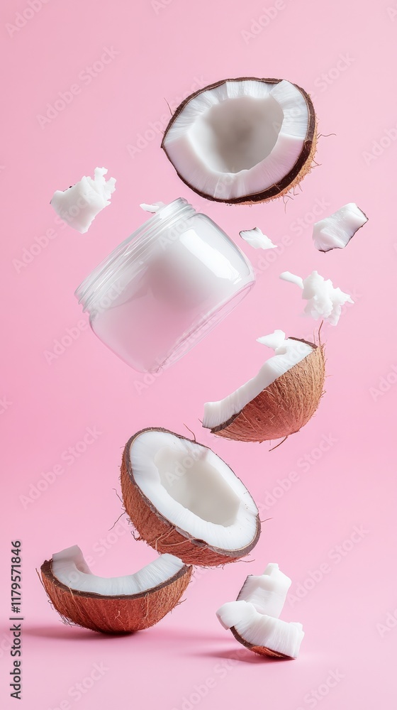Poster Coconut pieces and a jar of coconut cream are floating on a pink background, creating a visually appealing scene that evokes a sense of freshness and tropical vibes