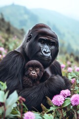 Obraz premium A powerful silverback gorilla gently cradling its young amidst the misty mountains of Rwanda