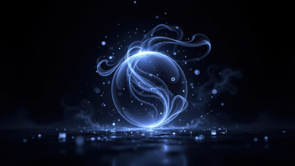 Obraz premium An enchanting glowing sphere suspended on a magical wand amidst floating stars and sparkles, against a dark backdrop.