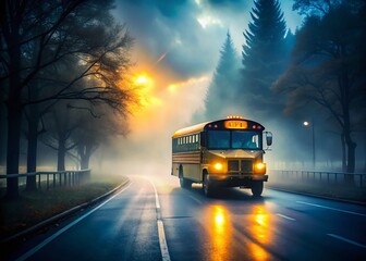 Obraz premium Foggy School Bus Morning Commute Double Exposure Stock Photo