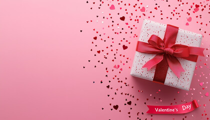 Obraz premium Red Ribbon Gift Box with Heart Decorations Amidst Floating Confetti and Hearts on Pink Background.