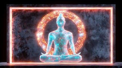 Serene Digital Painting: Mystical Figure Meditating in Glowing Aura. AI Generated