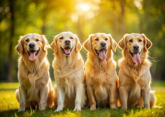 Four Happy Dogs with Tongues Out, Sitting in a Row - Adorable Pet Photography